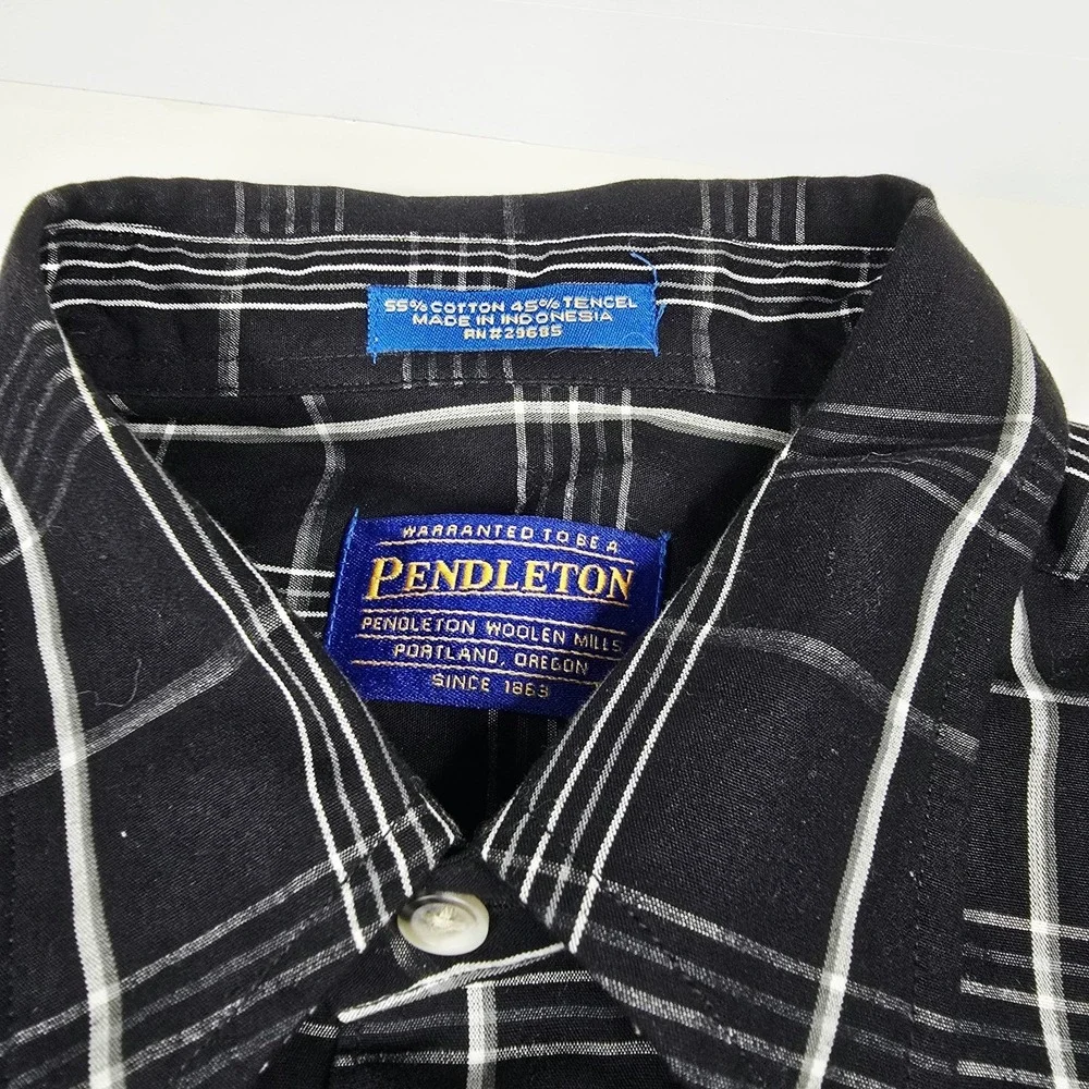 Pendleton Short Sleeve Button Shirt Mens Large Black White Plaid Cotton Tencel